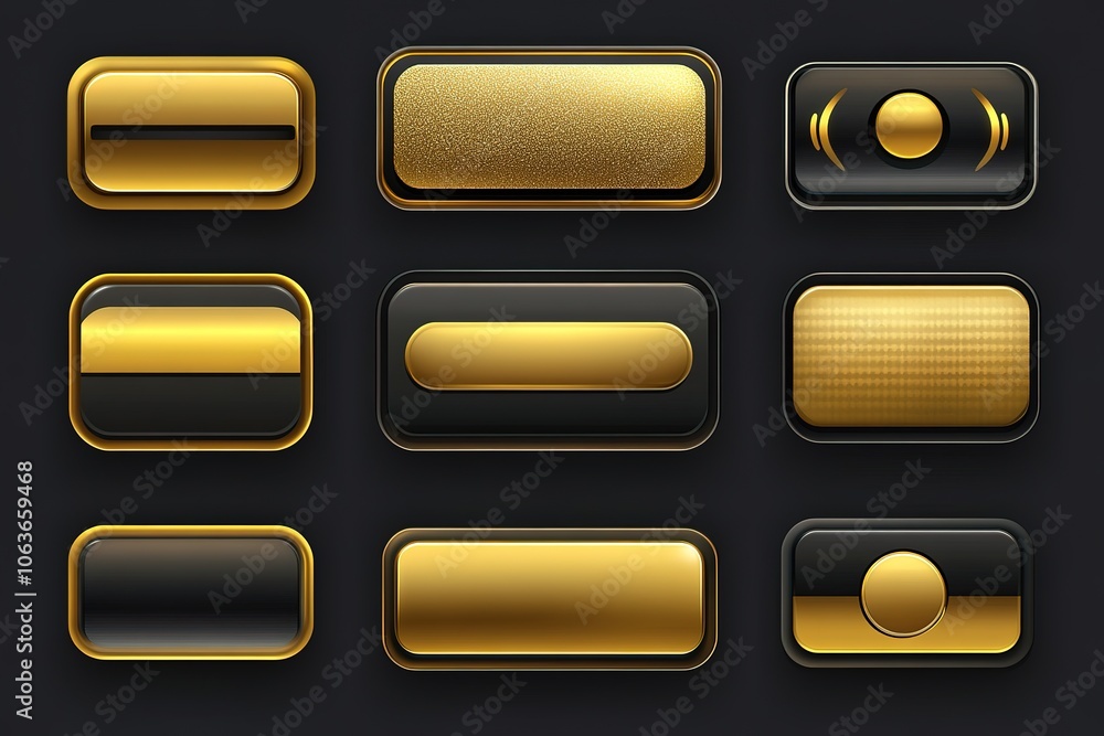 Aufkleber gold color gradient rectangle button set vector illustration on dark background, flat design, vector