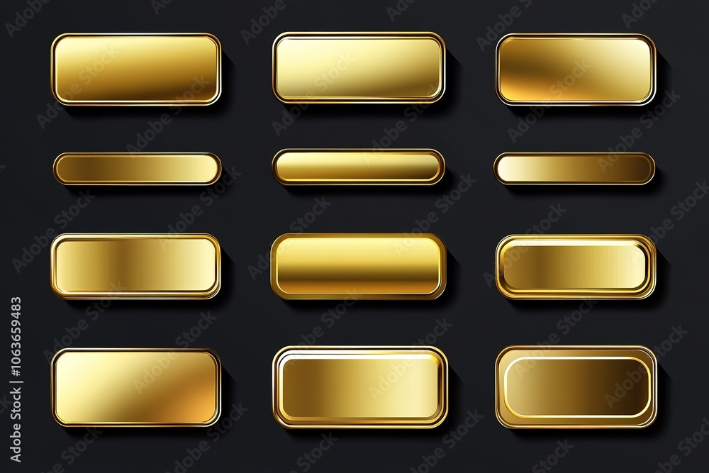 Poster gold color gradient rectangle button set vector illustration on dark background, flat design, vector