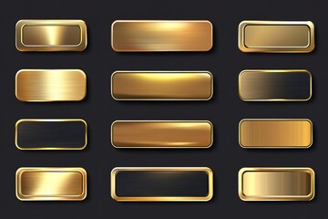 Gold color gradient rectangle button set vector illustration on dark background, flat design, vector graphics, flat style, 2D design, simple lines and shapes, flat color blocks