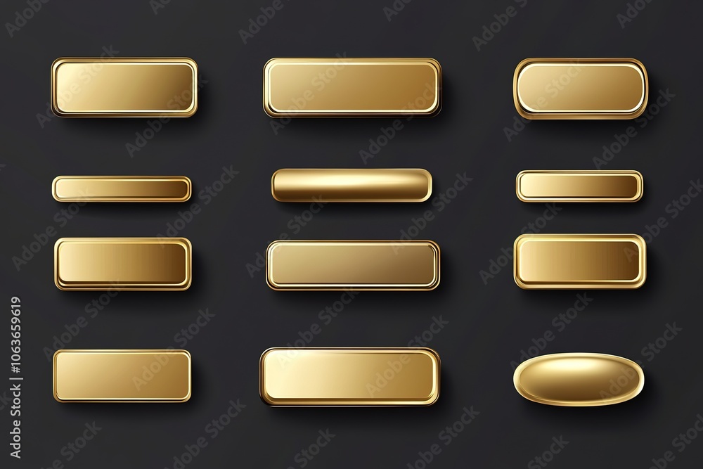 Poster gold color gradient rectangle button set vector illustration on dark background, flat design, vector