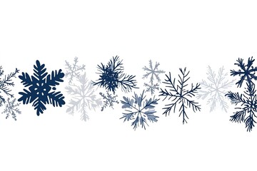 White background with blue snowflakes, vector illustration, simple shapes, flat design, simple white border, simple vector graphics, white and gray color palette,