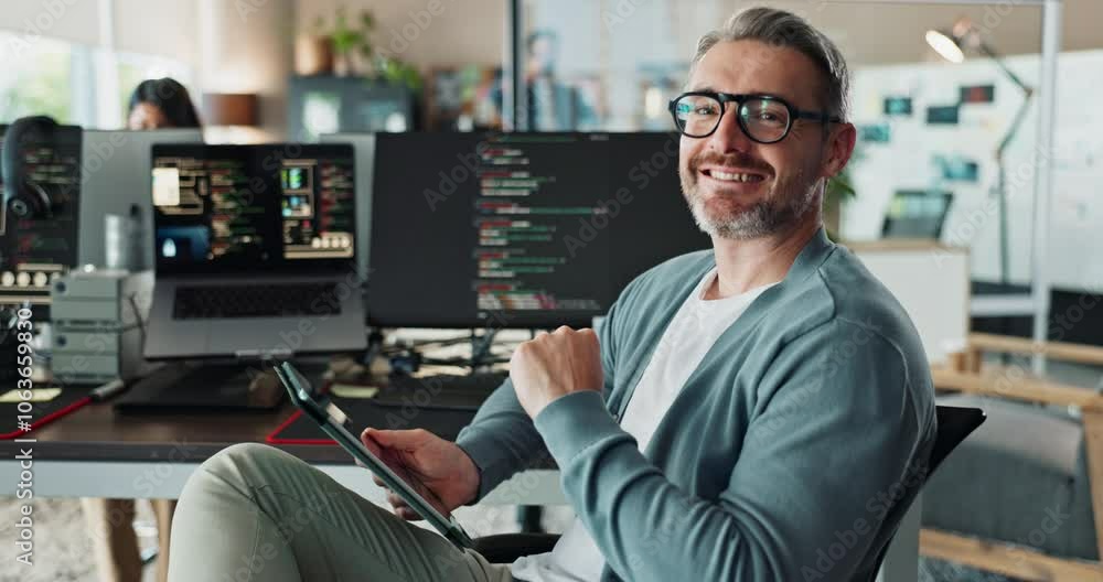 Fototapete Man, office and happy with tablet on computer on research for coding and innovation as software engineer. Male person, employee and smile on portrait with confidence for programming and system update