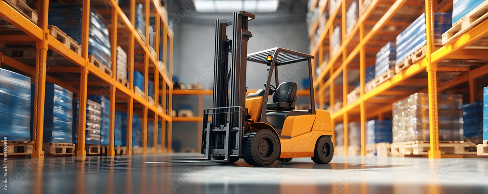 Poster ai driven forklift navigating a smart warehouse precision in automated supply chain solutions