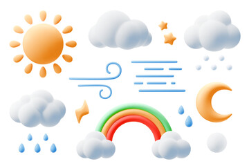 Cartoon 3d weather icons. Cute sun, moon and stars, clouds and rainbow in plasticine kids style. Crescent and wind symbol. Three dimensional clay shapes, forecast sign. Vector isolated set