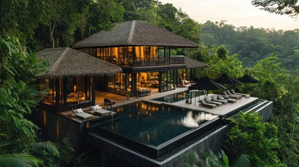 Naklejka premium A luxurious modern villa with a large infinity pool and thatched roof nestled in lush green tropical jungle at sunset.