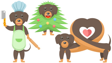 Set Abstract Collection Flat Cartoon Different Animal Dachshunds Dogs In The Shape Of A Heart, Christmas Tree, Chef With A Rolling Pin Vector Design Style Elements Fauna Wildlife