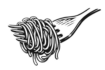 Spaghetti pasta on fork. Italian food, long noodles sketch drawing. Hand drawn vector illustration