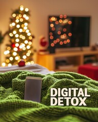 A smartphone lies unused on a green blanket, symbolizing digital detox, with blurred holiday lights and Christmas decor in the background.