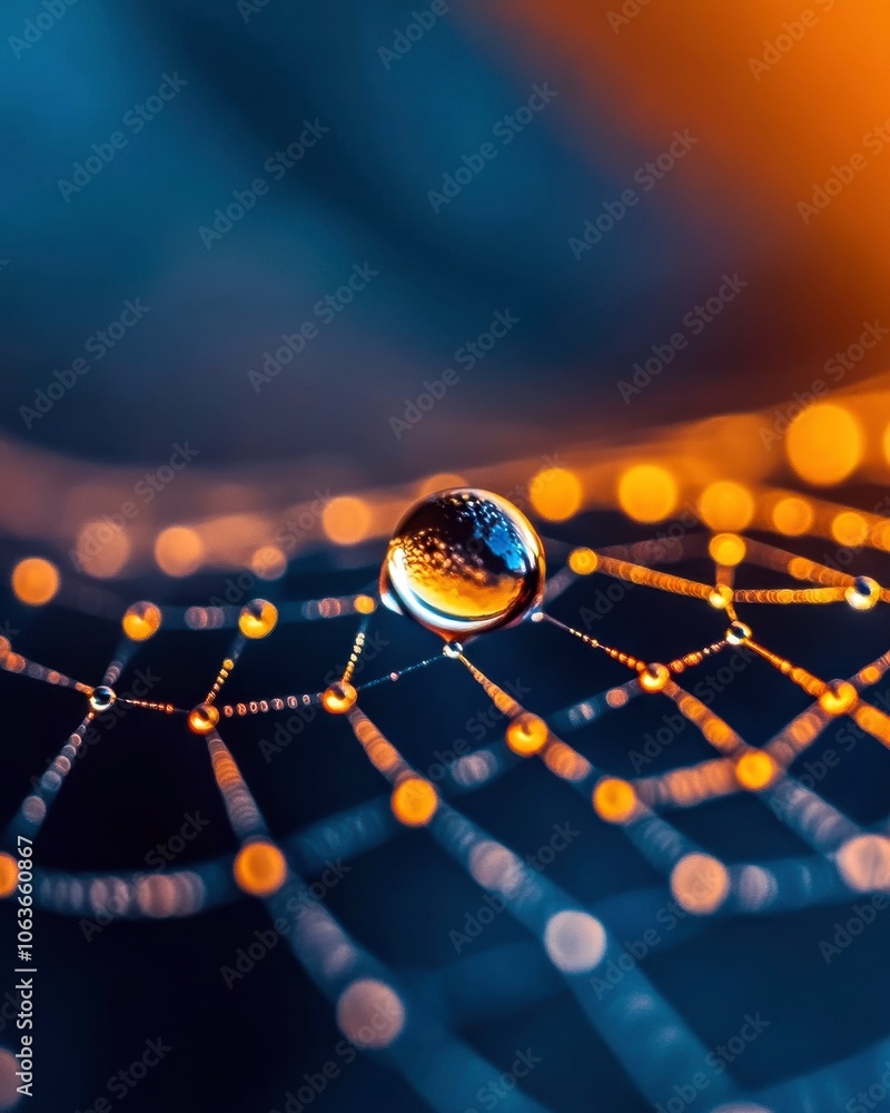 Aufkleber A close-up of a water droplet resting on a spider web, surrounded by glowing bokeh lights, creating a mesmerizing and colorful effect.
