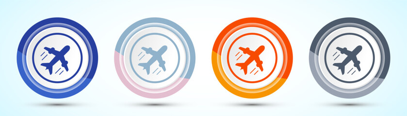 Airplane Icon Button Design Illustration. Flight Transport Sign. Travel, Holiday symbol, Four color button design set