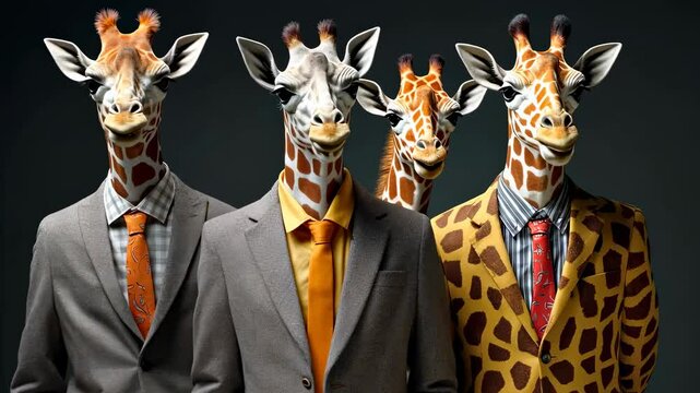 Four anthropomorphic dancing giraffes in classic suits posing against dark studio background. Short neck giraffes. CGI characters, 3d graphics. 