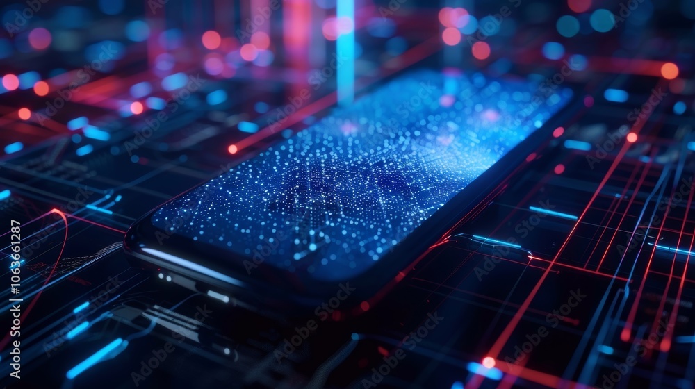 Poster futuristic smartphone displaying holographic network data over a circuit board with glowing lines, r