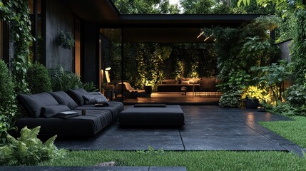 Modern patio with black furniture and lush greenery.