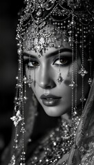 Close-Up Black and White Portrait of Woman with Ornate Jewelry Veil