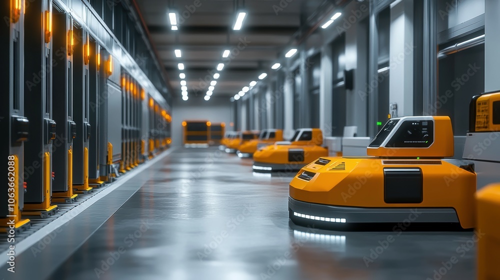Poster futuristic lowpoly structure of a fully automated warehouse with advanced robotics and efficient log