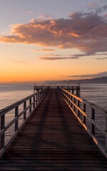 Golden Sunset Over Ocean Pier - Tranquil Coastal Scene with Vibrant Reflections