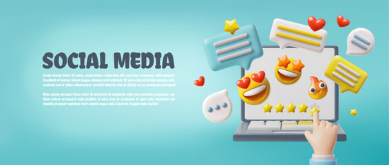 3D illustration of a banner of an open laptop with a hand with speech bubbles and emoji flying out.