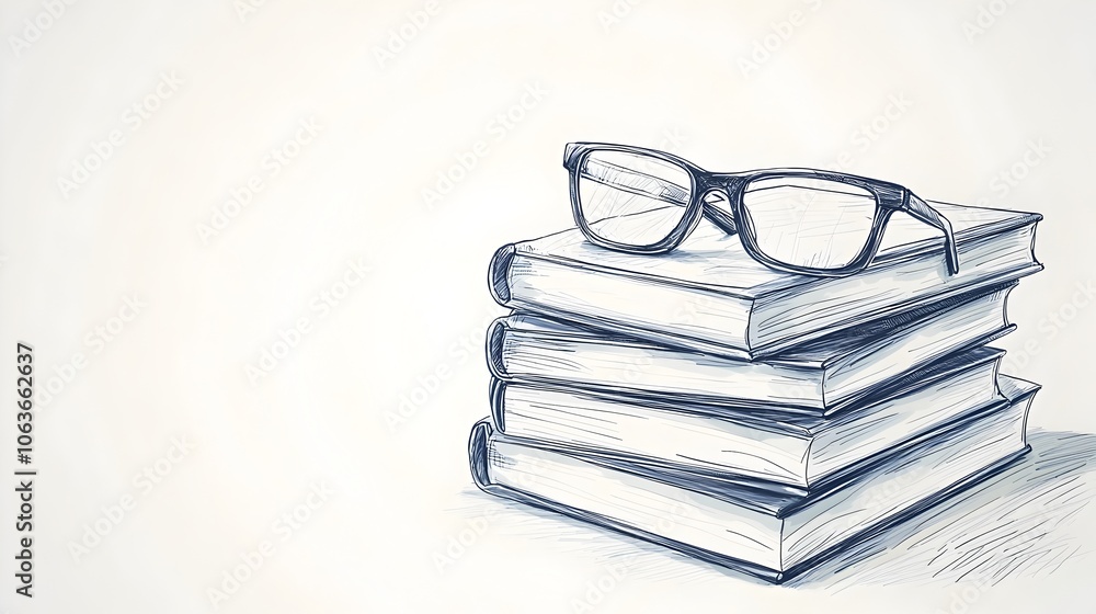 Poster stack of books icon with reading glasses in hand drawn sketch style on white background
