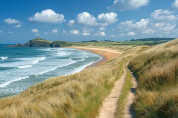 Coastal Path with Sandy Beach and Rolling Waves