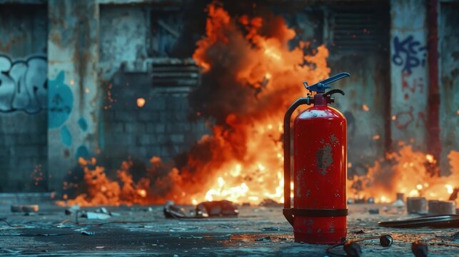 A red fire extinguisher stands amidst the rubble and chaos of a burning urban setting, with an intense fiery explosion erupting in the background against a backdrop of graffiti-covered walls