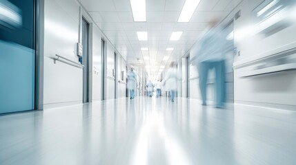 Blurred People Walking Down a Long, White Hospital Corridor
