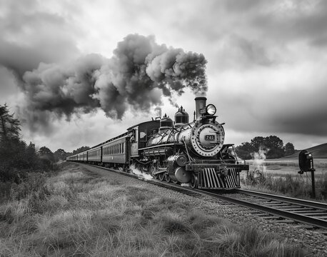 Black and White Photo of a Train Billowing Smoke Traveling Down Rural Train Tracks