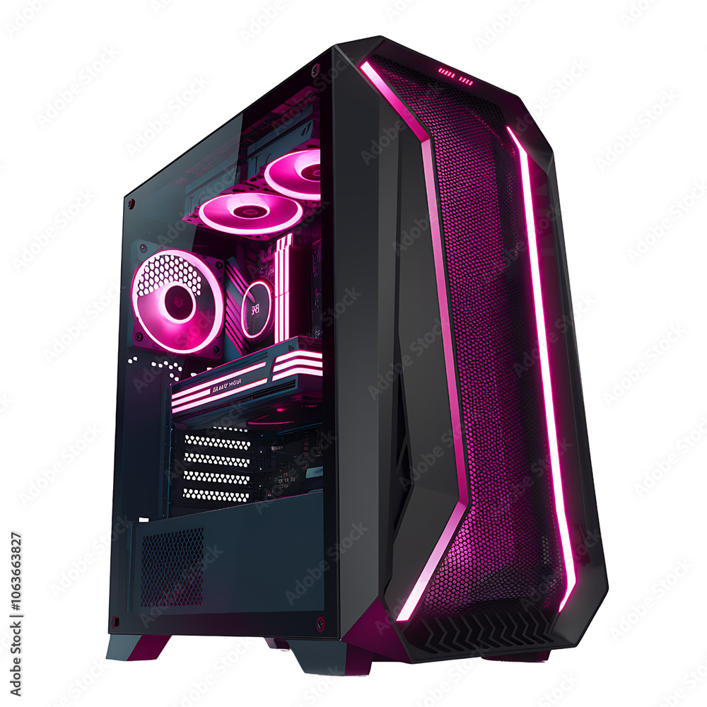 Fototapete black computer tower with a clear side panel and pink led lighting on transparent background