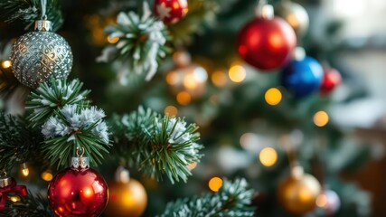 Obraz premium Christmas tree adorned with colorful baubles and shimmering lights against a blurred background, holiday, December, tree