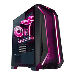 black computer tower with a clear side panel and pink LED lighting on transparent background