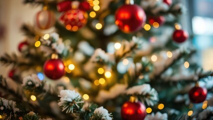 Christmas tree adorned with colorful baubles and shimmering lights against a blurred background, traditional, tree