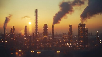 Obraz premium Oil refinery plant at sunset, glowing lights, massive industrial complex.