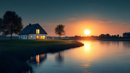 Fototapeta premium Modern House by River at Sunset - Realistic Image