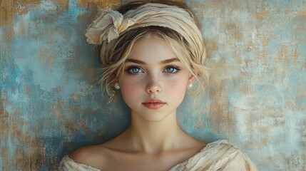 A painted portrait of a woman with blue eyes.