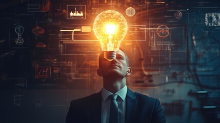Businessperson with a bright light bulb above, surrounded by digital and technological symbols icons 