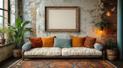 mockup of a rustic picture frame against a backdrop of a cozy bohemian interior adorned with eclectic decor elements warm lighting and natural textures enhancing the nomadic vibe