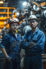 Fototapeta premium Confident Factory Workers in Safety Gear Operating Industrial Machinery for Manufacturing