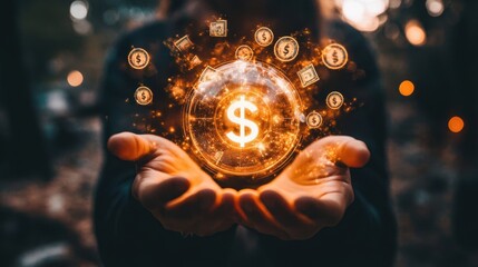 Glowing Dollar Symbol in Hands at Sunset