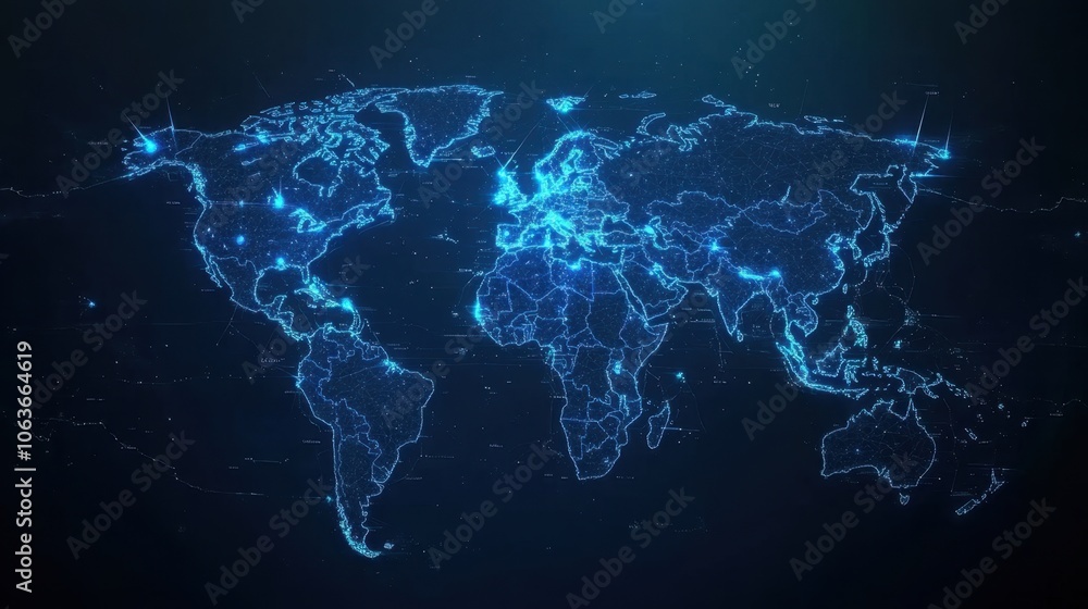Poster digital world map with blue networking lines
