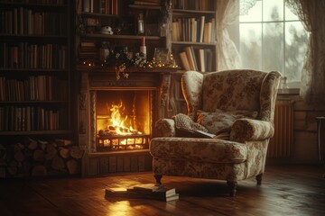 Cozy Living Room With Fireplace  Armchair  Books  and Warm Atmosphere
