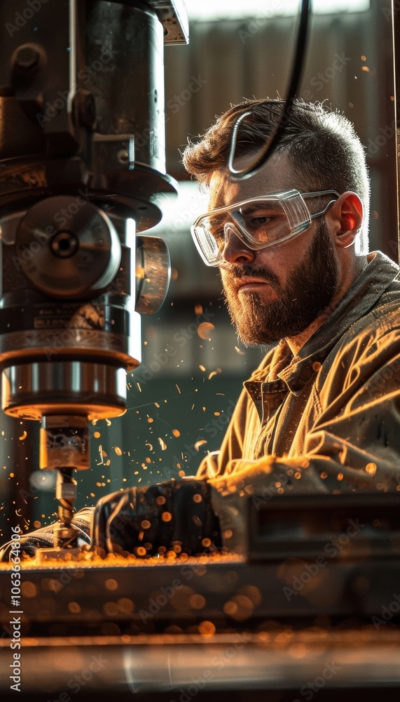 Poster focused machine operator with safety gear operating drill in industrial workshop setting