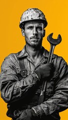 Obraz premium Committed Machine Operator in Safety Gear Holding Wrench Against Yellow Background