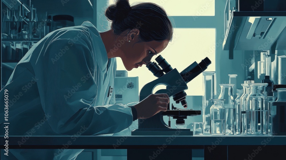 Poster scientist examining sample under microscope in lab