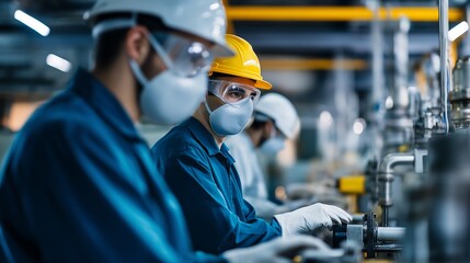 Workers wearing protective gear as they operate machines in a chemical plant, chemical production process, industrial safety.