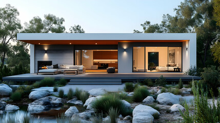 Modern House with Wooden Deck and Stone Garden - 3d Illustration