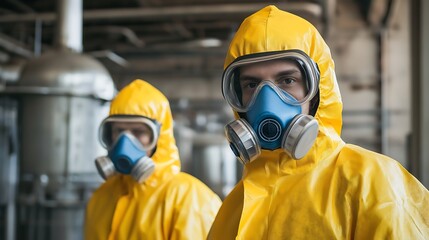 Naklejka premium Workers wearing protective gear as they operate machines in a chemical plant, chemical production process, industrial safety.