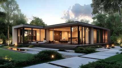 Obraz premium Modern Home Design with Large Windows and Patio 3d Illustration