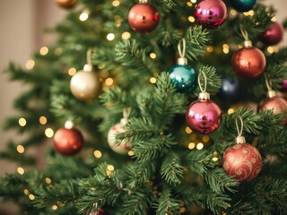 Christmas tree adorned with colorful baubles, surrounded by blurred shiny lights, joy, shiny