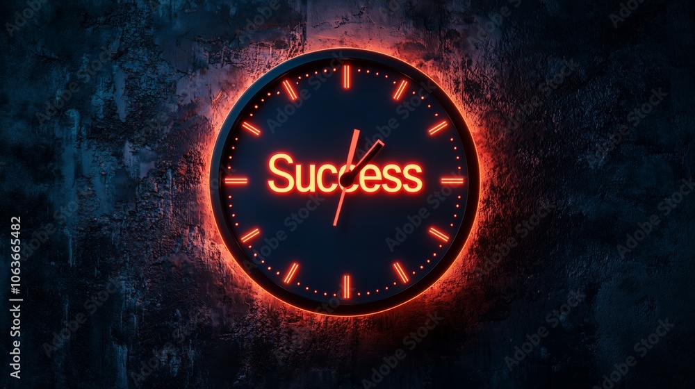 Poster glowing clock with success message in neon style