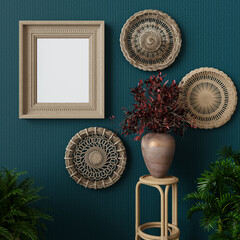 Mockup, template, discreet scandinavian minimalist interior, rattan furniture, wicker straw plates on the wall, frame for painting, poster, photo, 3d rendering