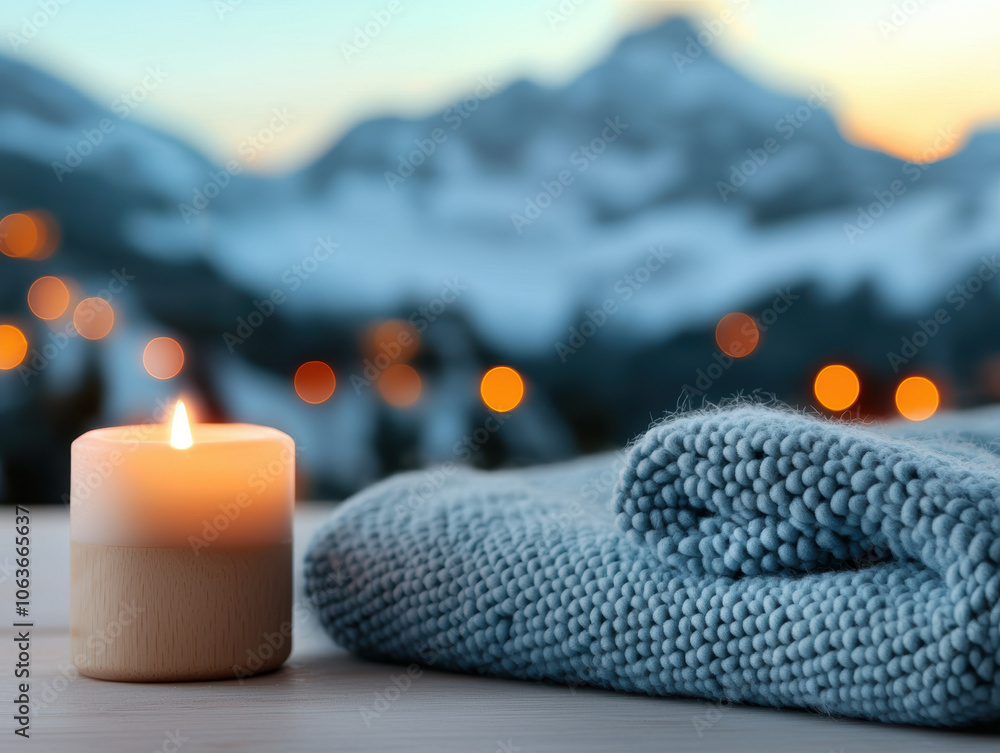 Poster cozy candlelight illuminates soft blanket, creating serene atmosphere in scandinavian inspired space